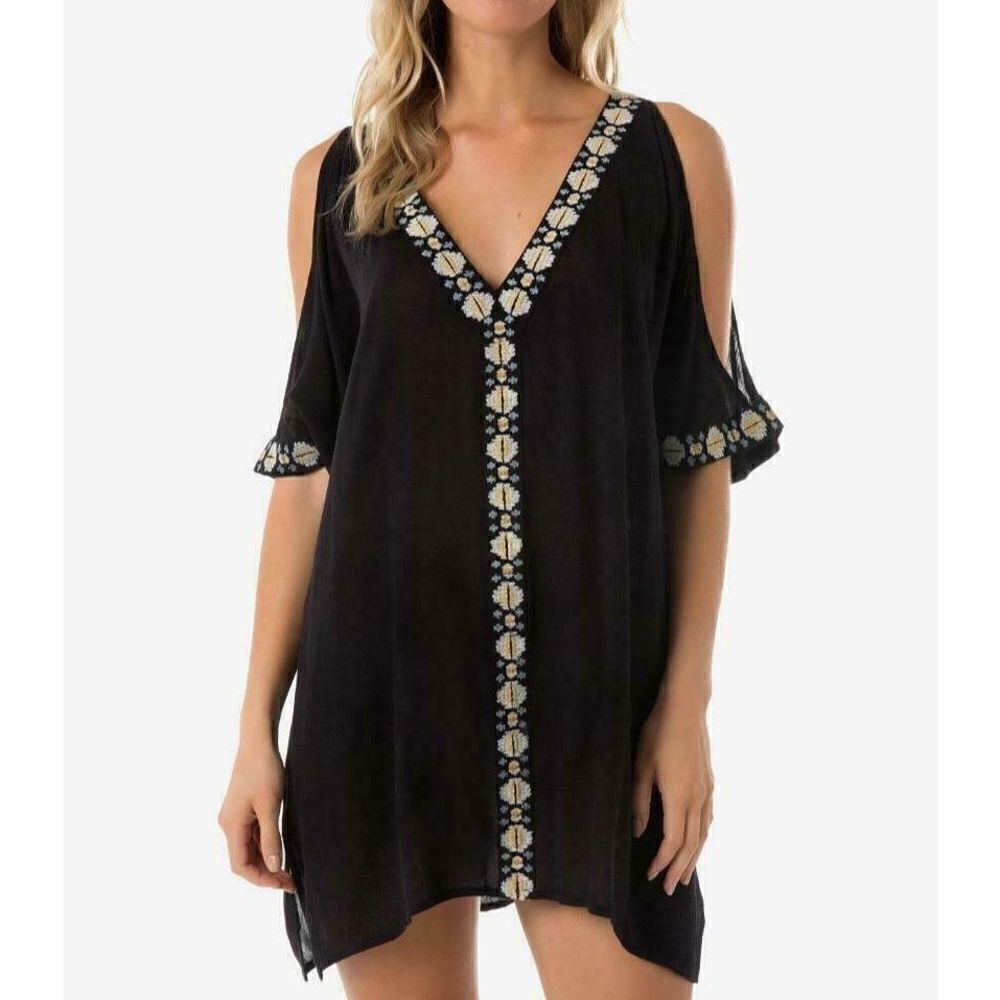 A-524 O'Neill gauze Frances embroidered Cold-Shoulder Swim Cover BLACK sz S